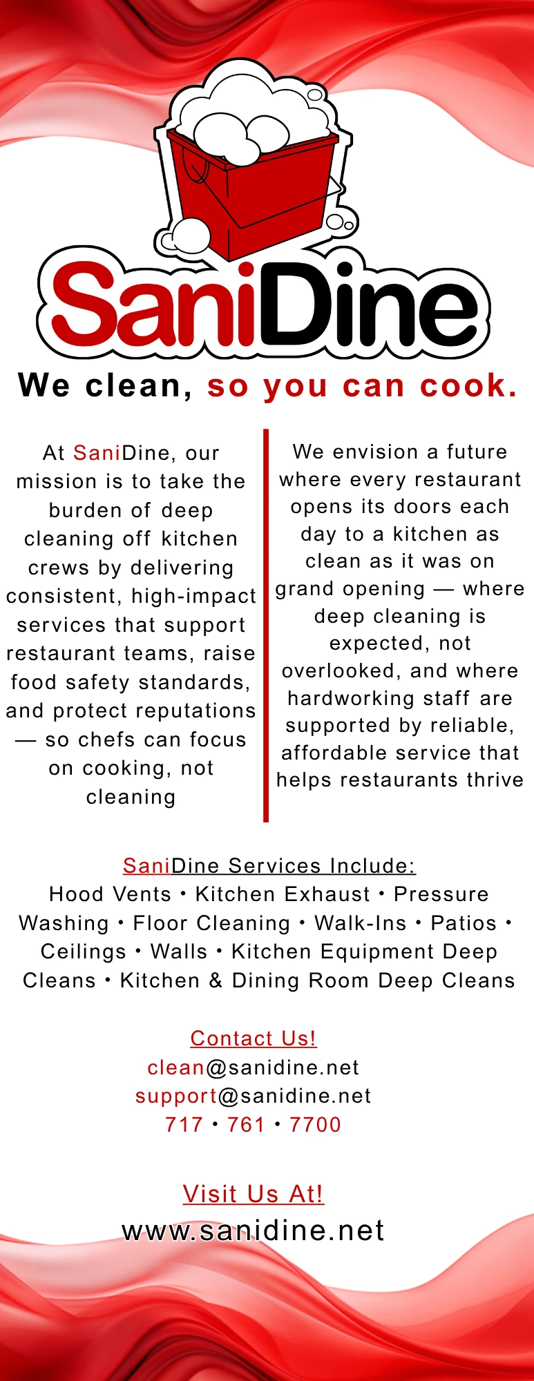 SaniDine services and contact flyer